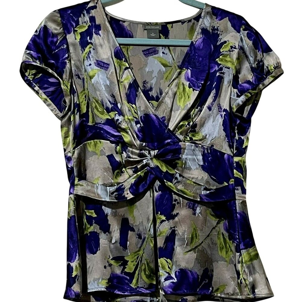 Ann Taylor Womens Size 6 Purple Yellow Floral V Neck Silk Blouse